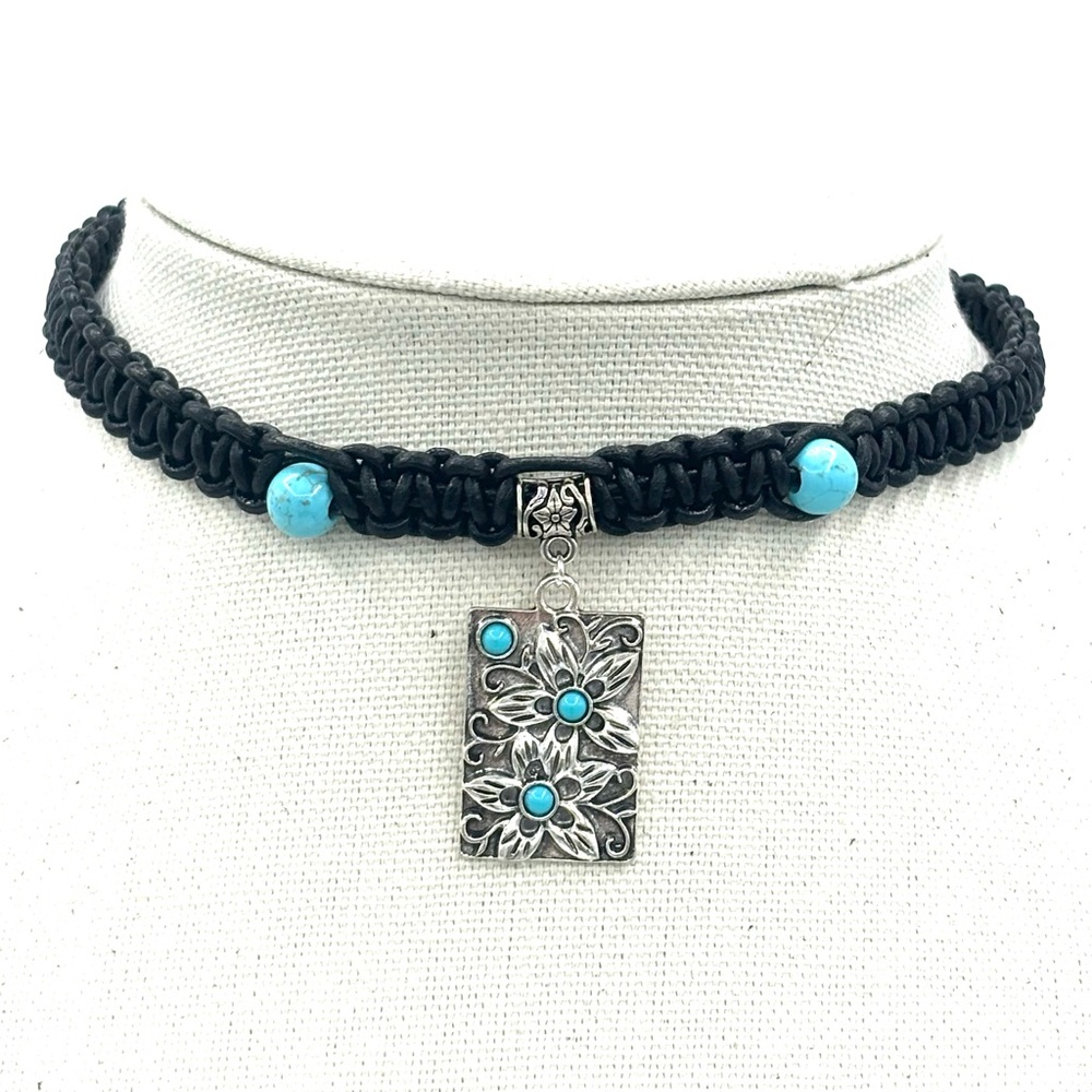 Hand Crafted Black Leather Macrame Choker Necklace with Pendant